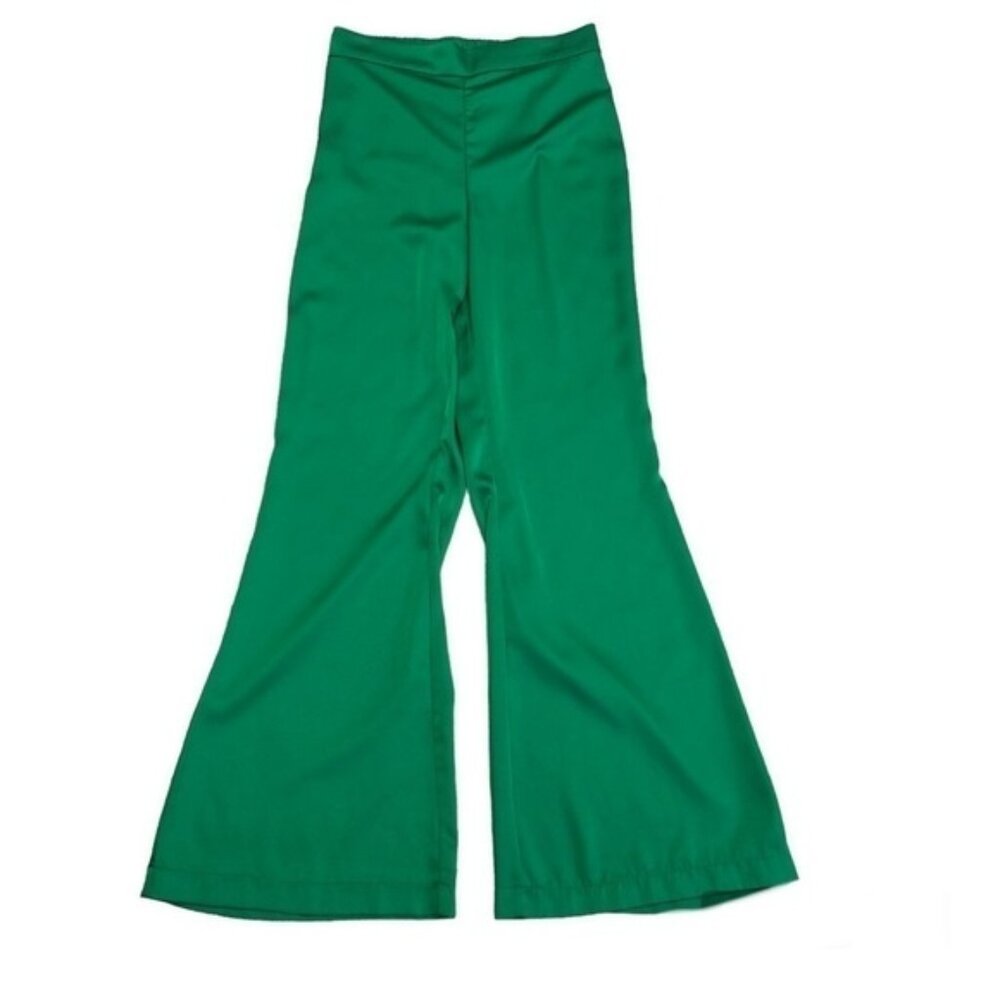 Rachel Zoe green satin effect flowy high waisted pull on trouser dress pants S